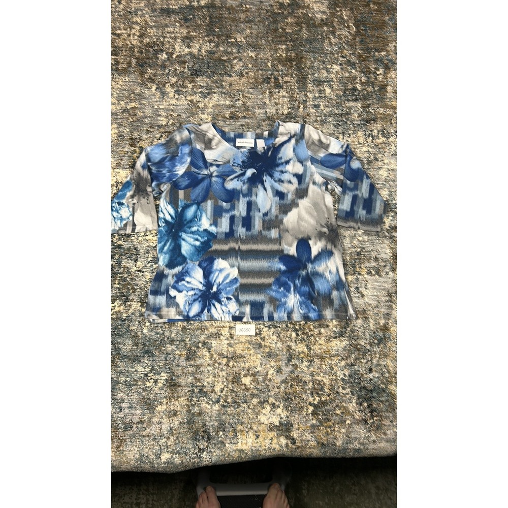 Alfred Dunner Womens Floral Abstract Print 3/4 Sleeve Top Royal Blue L